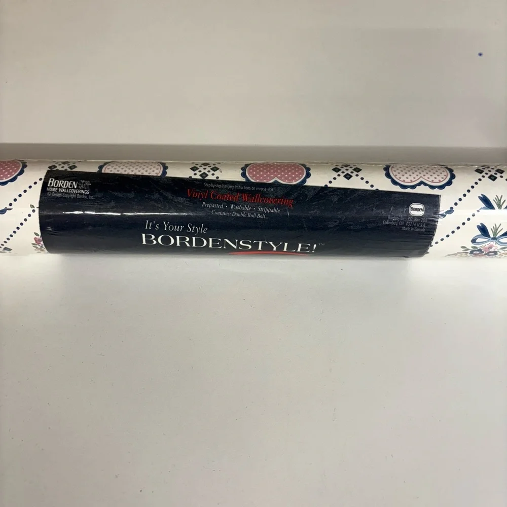 Heart and Flower Pattern Wallpaper Border Roll Pink & Navy Hearts Wallcovering